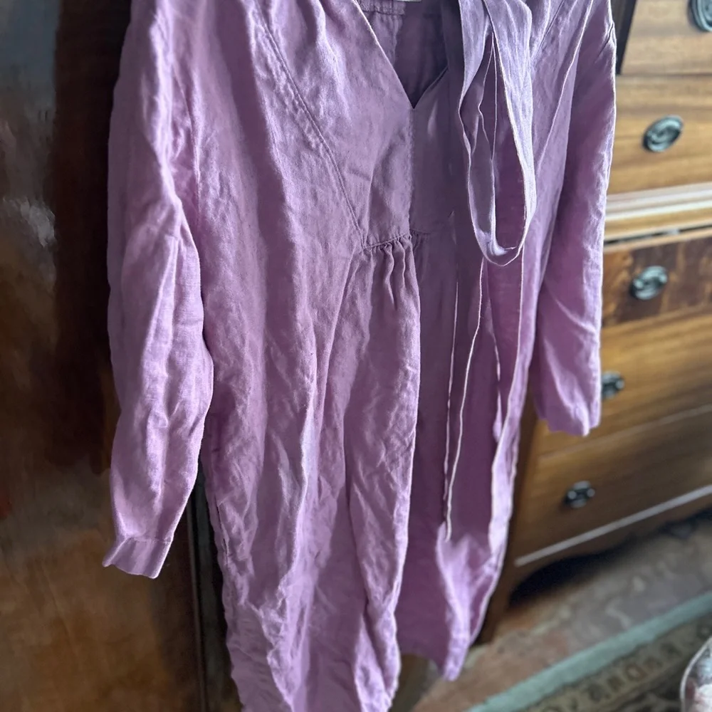 Linencloud linen lavender Tunic Midi dress 3/4 sleeve dress. - Picture 9 of 14